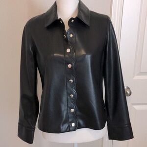 Chico’s Faux Leather Snap Front Jacket in Black w Gold Snaps and Scalloped Edge